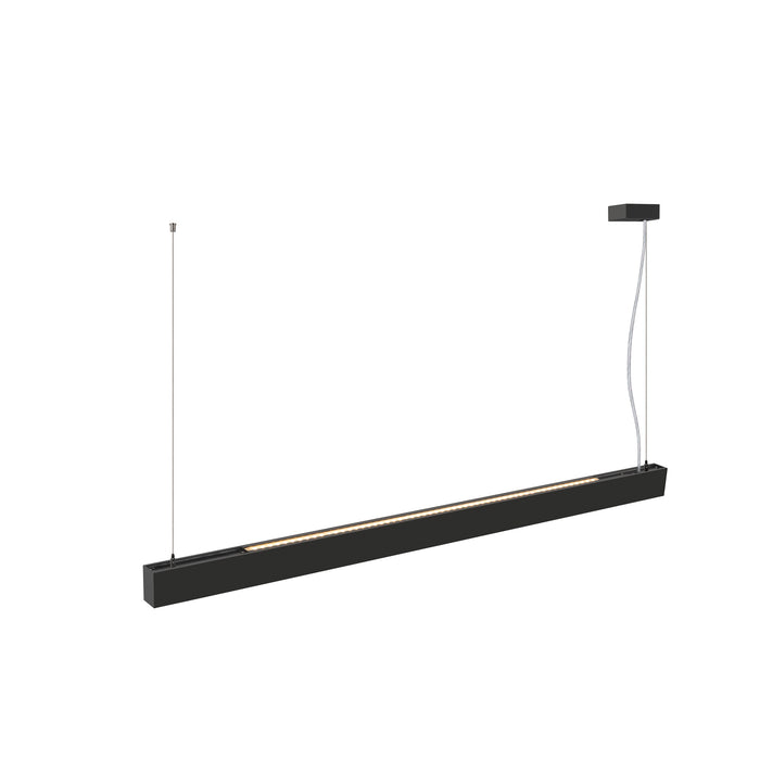Modern black linear LED pendant light fixture, suspended mounting.
