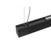 Black aluminum linear LED pendant light fixture, suspended mounting.