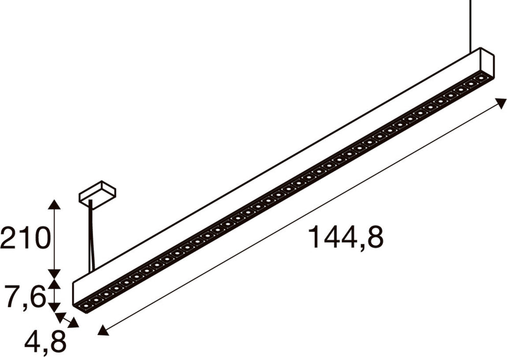 Technical drawing of a white linear LED pendant light fixture with dimensions.