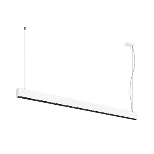 Modern linear LED pendant light, white finish, suspended mounting.