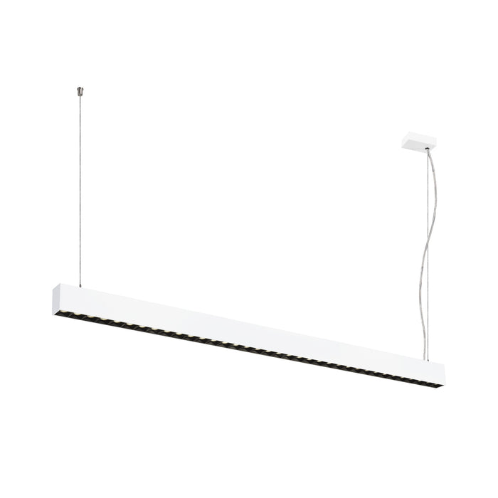 Modern linear LED pendant light, white finish, suspended mounting.