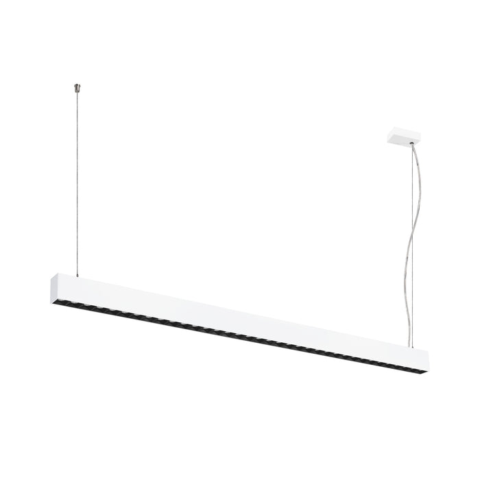 White linear LED pendant light fixture, suspended from ceiling.