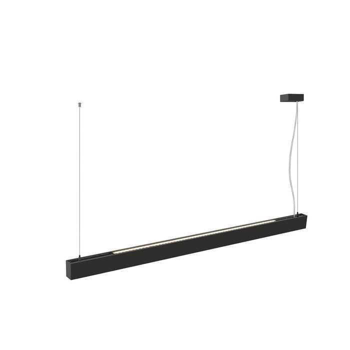 Modern linear LED pendant light, black finish, suspended mounting.