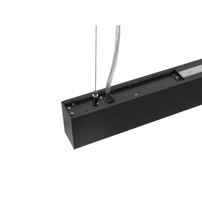 Black aluminum linear LED pendant light fixture, suspended mounting.