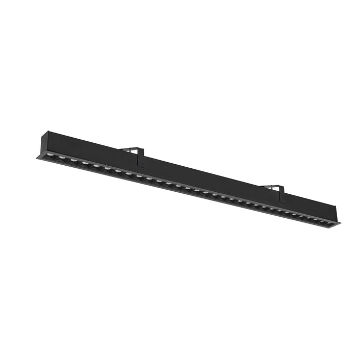 Black linear LED light fixture, surface mounted.