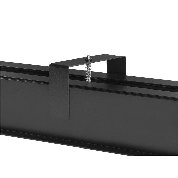 Black metal channel with mounting bracket and spring.