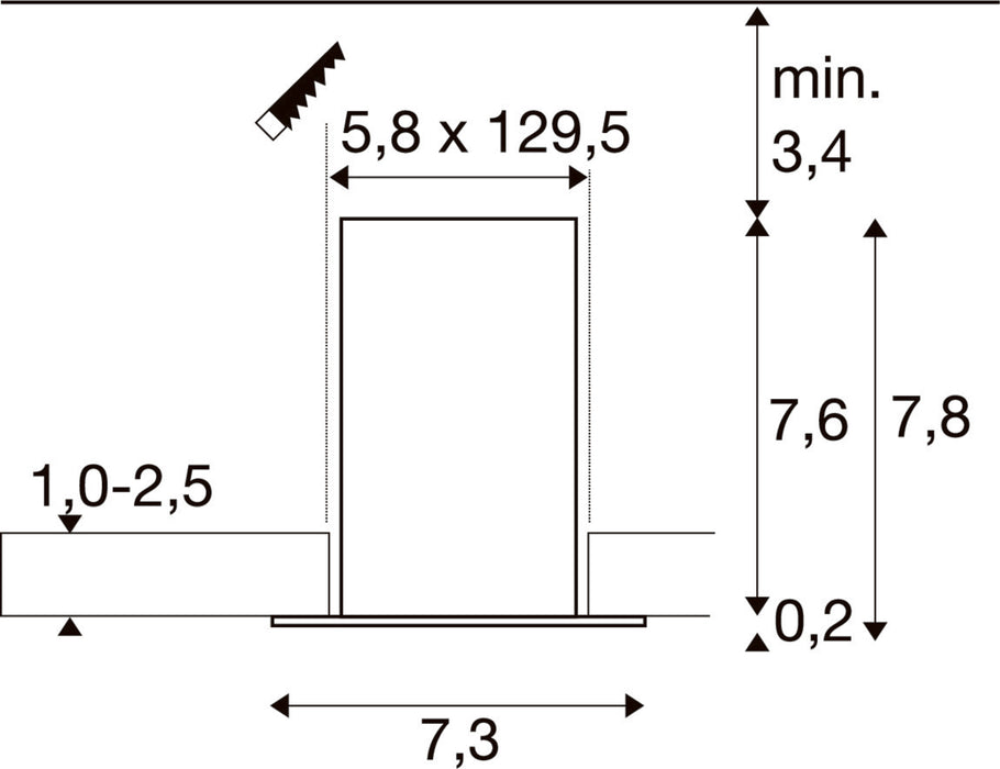 Technical drawing with dimensions for a flush-mounted light fixture.
