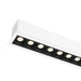 Recessed linear LED light fixture, white finish, with black baffle.