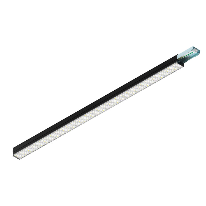Black aluminum LED linear light fixture with a clear lens, designed for surface mounting.