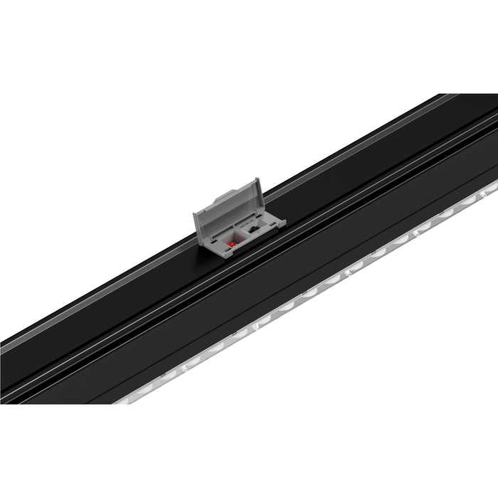 Black aluminum track lighting with a gray connector, designed for easy mounting and integration into various lighting setups.