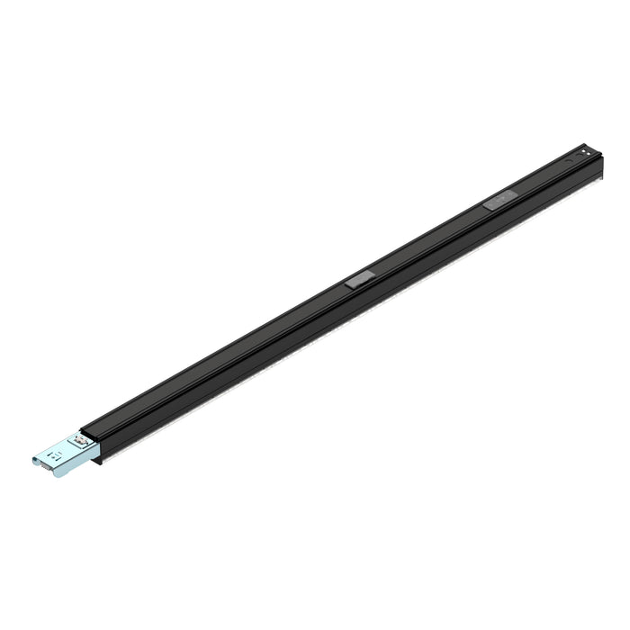 Black aluminum drawer slide with a smooth finish and blue steel mounting bracket for easy installation.