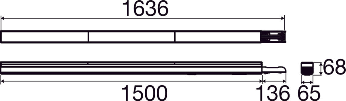 Aluminum linear light fixture in matte black finish, dimensions 1636mm x 1500mm, designed for surface mounting.