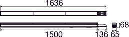 Aluminum linear light fixture in matte black finish, dimensions 1636mm x 1500mm, designed for surface mounting.