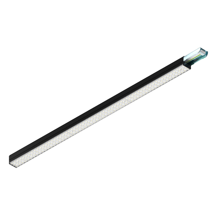 LED linear light fixture in black aluminum with a frosted lens, designed for surface mounting in modern spaces.