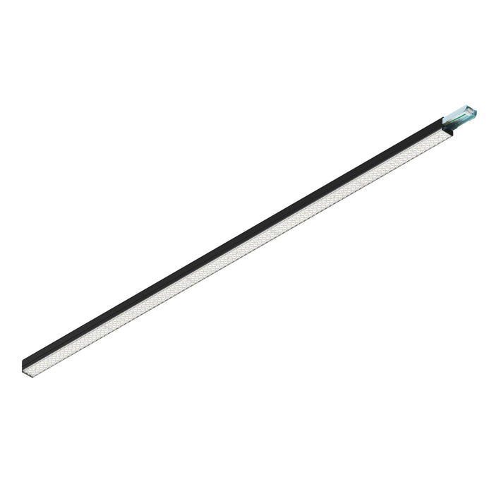 Black aluminum LED linear light fixture with a frosted lens, designed for ceiling mounting.