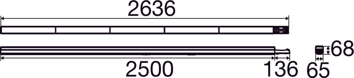 Aluminum profile with a matte finish, measuring 2636mm and 2500mm in length, featuring precise dimensions for mounting applications.