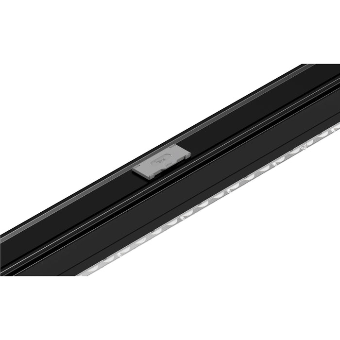 Black aluminum LED track light with a matte finish and a gray connector, designed for ceiling mounting.