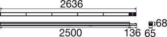 Aluminum profile in a matte finish, 2636mm and 2500mm lengths, featuring precise dimensions for mounting applications.