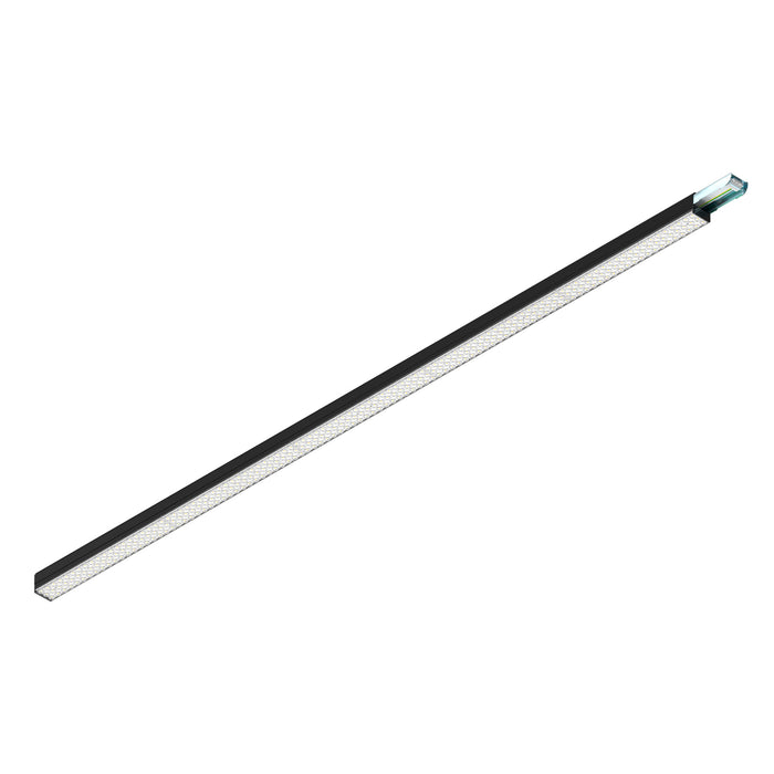 Linear LED light fixture in black aluminum with a frosted lens, designed for ceiling mounting.