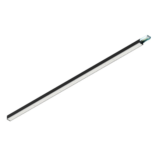 Linear LED light fixture in black aluminum with a frosted lens, designed for surface mounting.