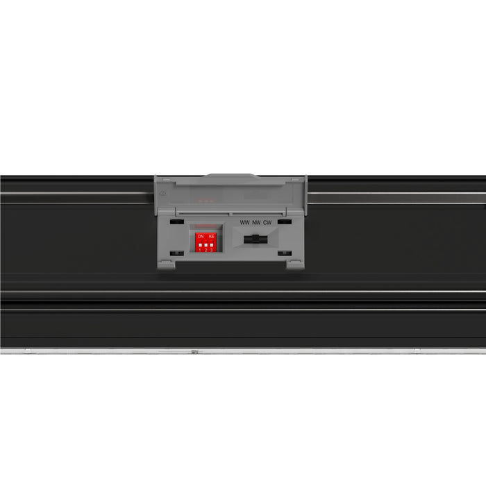 Black aluminum track with a gray plastic connector featuring red indicator lights and mounting options for easy installation.
