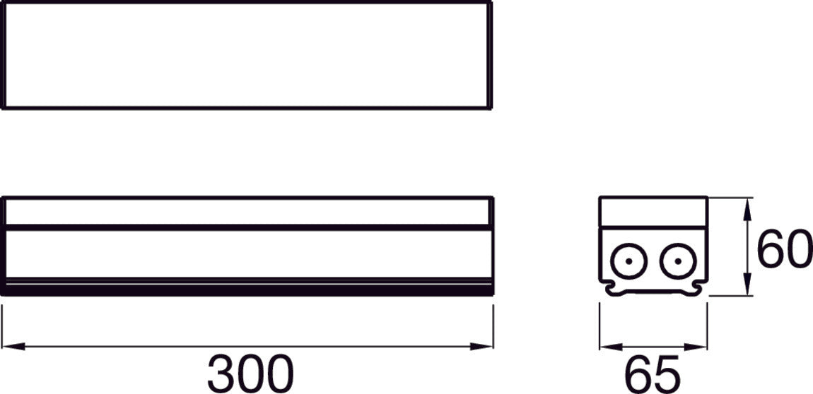 Aluminum mounting bracket, matte black finish, dimensions 300mm x 65mm x 60mm, designed for secure installation of compatible devices.