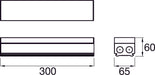 Aluminum mounting bracket, matte black finish, dimensions 300mm x 65mm x 60mm, designed for secure installation of compatible devices.