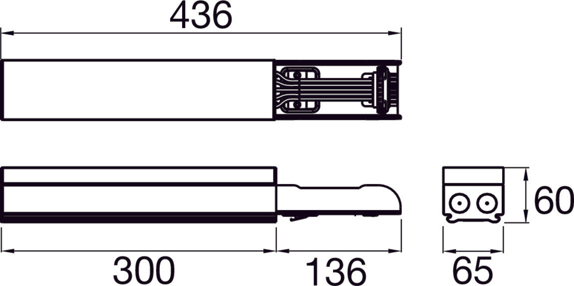 Aluminum electrical connector in a matte finish, featuring a sleek design with dimensions of 436mm x 300mm x 65mm, suitable for surface mounting.
