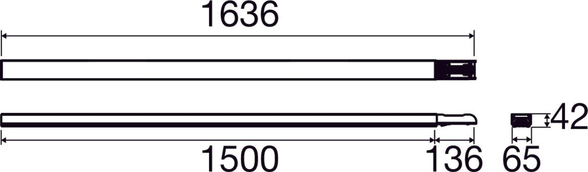 Aluminum mounting bracket in a sleek silver finish, measuring 1636mm and 1500mm with dimensions of 136mm x 65mm and 42mm at the end.