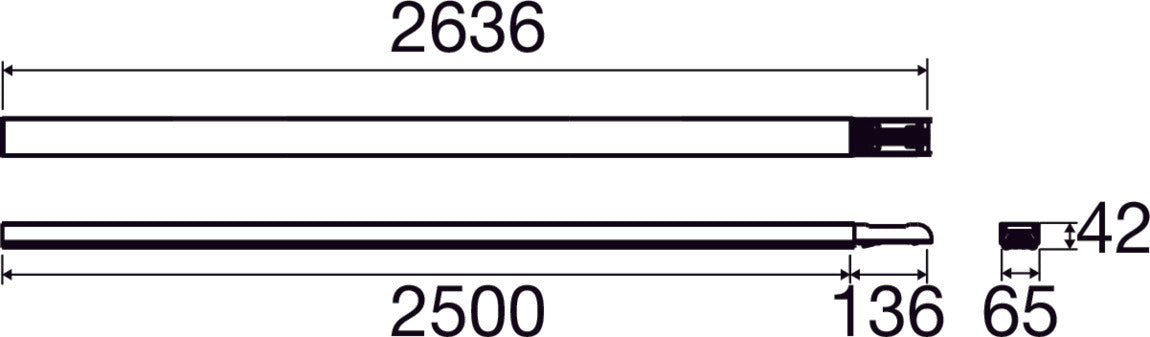 Aluminum mounting bar with a matte finish, measuring 2636mm in length and 42mm in width, designed for secure installation.