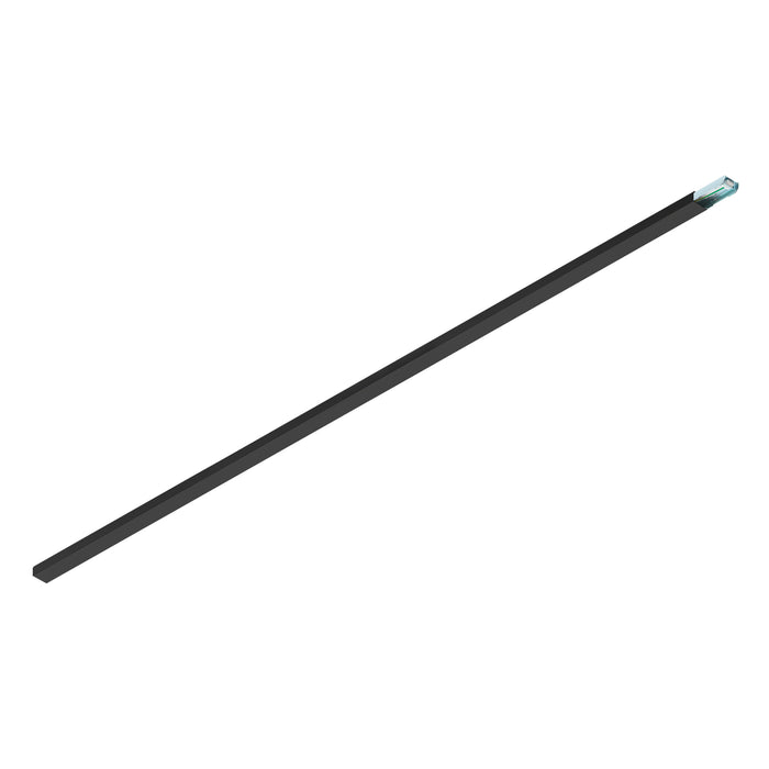 Black metal strip with a smooth finish, featuring a clear end for mounting applications.