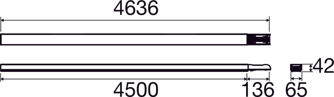 Aluminum profile in a matte finish, 4636mm and 4500mm lengths, featuring a sleek design suitable for various mounting applications.