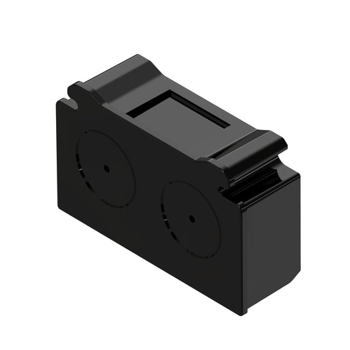 Black plastic mounting bracket with a smooth finish and two circular cutouts for secure installation.