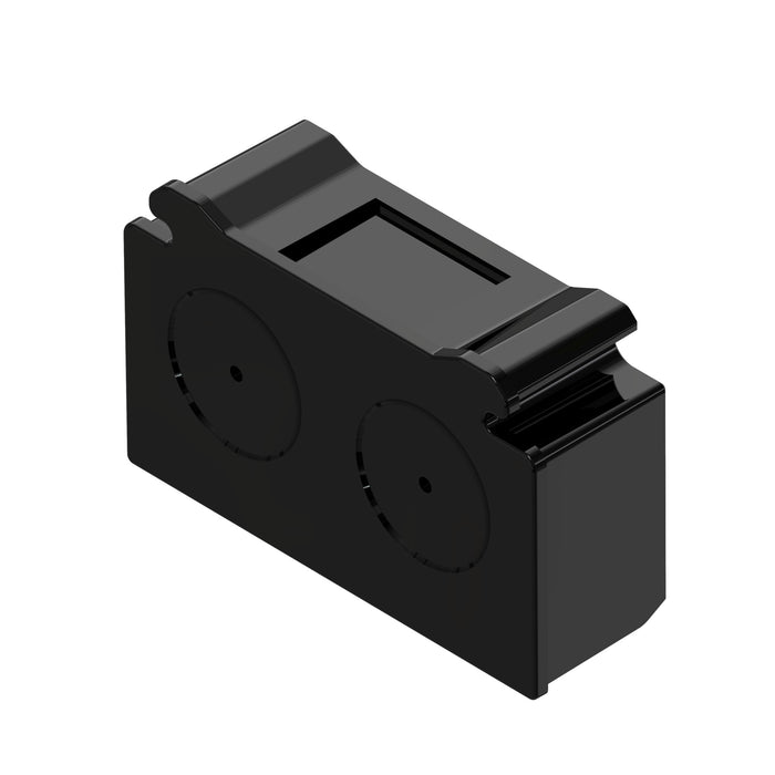 Black plastic mounting bracket with a smooth finish and two circular cutouts for secure installation.