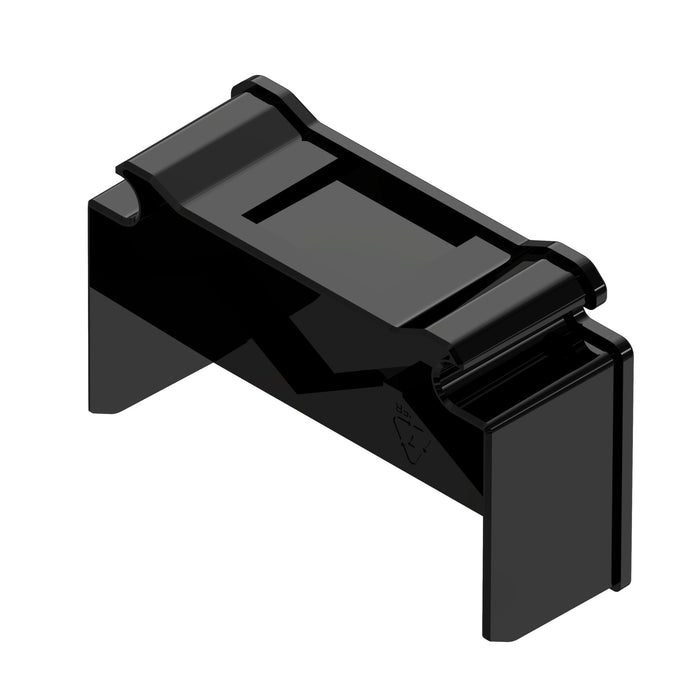 Black plastic mounting bracket with a glossy finish, designed for secure attachment in various applications.