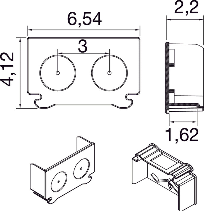 Plastic mounting bracket in black, featuring two circular holes, dimensions 6.54 x 4.12 x 2.2 cm, designed for secure attachment.