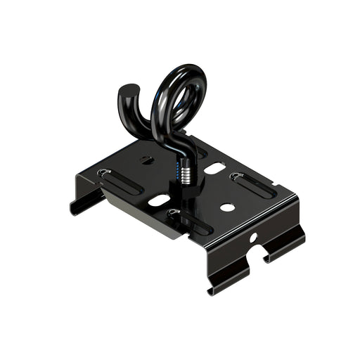 Black metal mounting bracket with a hook, featuring a smooth finish and multiple mounting holes for secure installation.