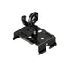 Black metal mounting bracket with a hook, featuring a smooth finish and multiple mounting holes for secure installation.