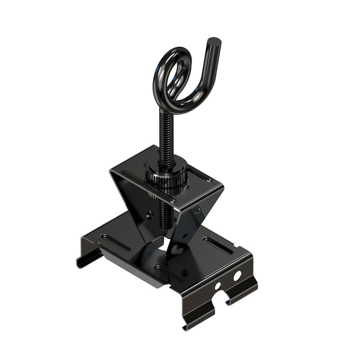 Black metal clamp with a threaded screw and a hook, designed for secure mounting on various surfaces.