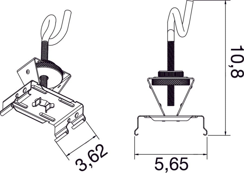 Metal mounting bracket with a black finish, featuring dimensions of 3.62 inches by 5.65 inches and a height of 10.8 inches.