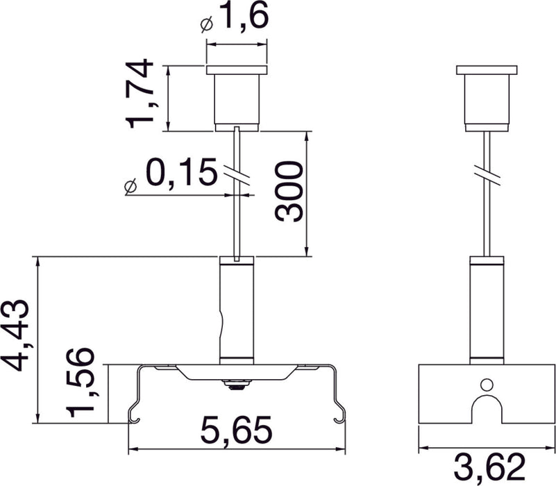 Metal pendant light fixture in a matte finish, featuring a sleek design with dimensions of 300mm height and 5.65mm width, suitable for ceiling mounting.