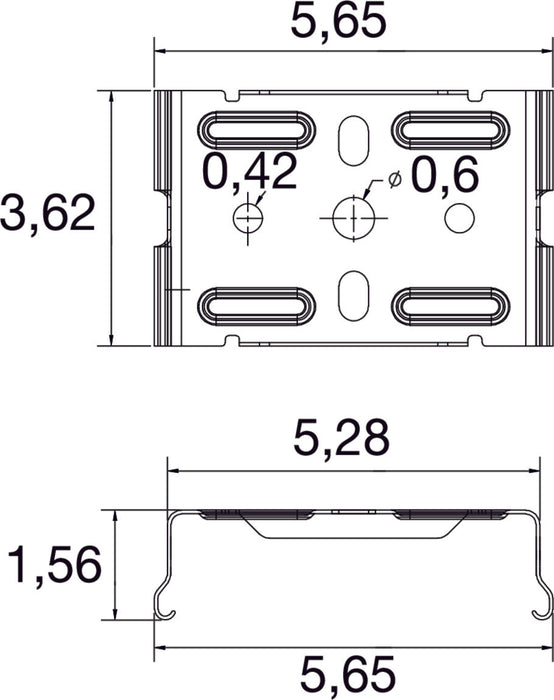 Metal mounting bracket, finished in silver, dimensions 5.65 x 3.62 cm, featuring multiple holes for secure installation.