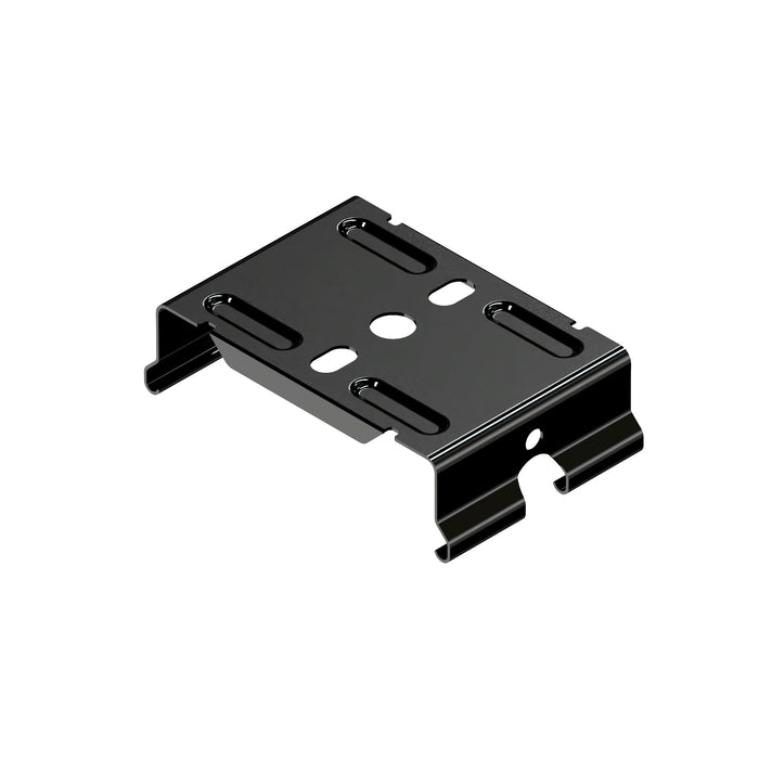 Black metal mounting bracket with a smooth finish, featuring slots for secure attachment and a central hole for versatile installation options.