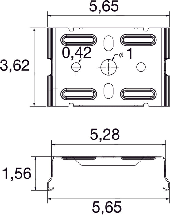 Metal mounting bracket with a matte finish, measuring 5.65 x 3.62 cm, featuring multiple holes for secure installation.