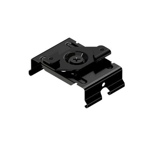 Black metal mounting bracket with a sleek finish, designed for secure attachment and stability in various applications.