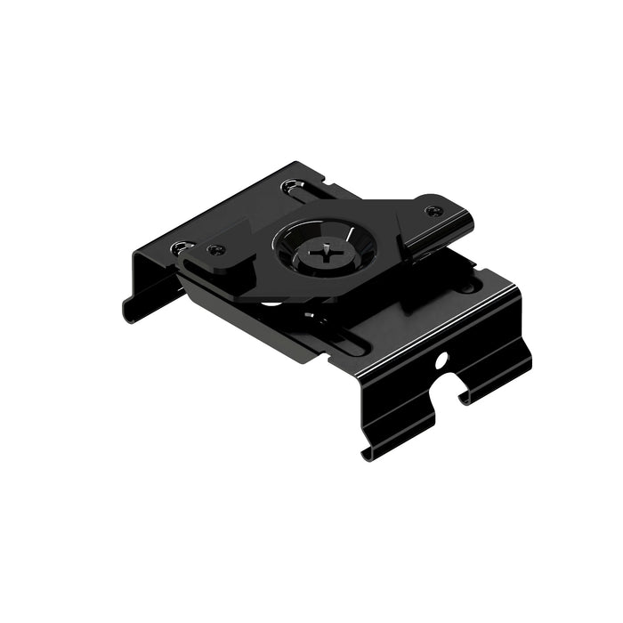 Black metal mounting bracket with a sleek finish, designed for secure attachment and stability in various applications.