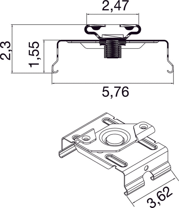 Metal mounting bracket with a matte finish, featuring precise dimensions for secure installation in various applications.