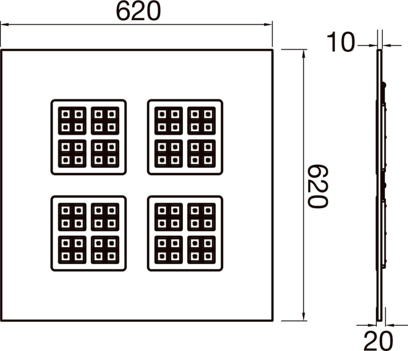 Technical drawing of a square, flush-mounted light fixture with four square light arrays, dimensions included.
