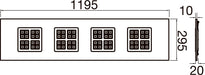 Technical drawing of a rectangular, recessed LED ceiling light with four square light panels, showing dimensions.
