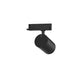 Black cylinder track lighting fixture, matte finish, track mounted.